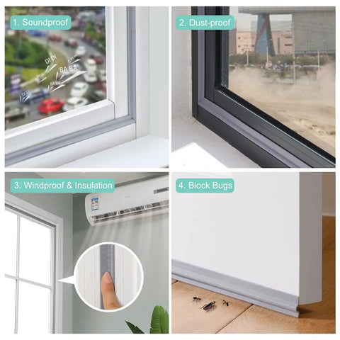 Four benefits of Three Pack Door Draft Stopper Sweep Set With Self Adhesive Weather Stripping And Window Seal Cuttable 19.68 Feet Total 1.18 Inch Wide Heavy Duty Soundproof Seal For Drafty Doors And Windows: soundproof, dust-proof, windproof, and block bugs shown on windows and door.