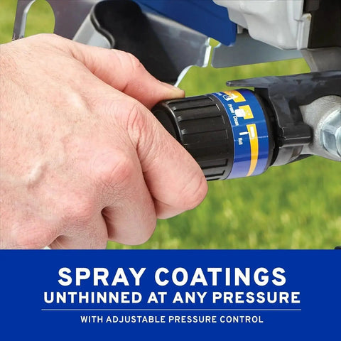 Hand adjusting the pressure control on the Pro Grade Cart Mount Electric Paint Sprayer for customizable spray coverage.