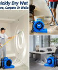 Beast 5000 CFM 1HP Air Mover Blower drying floors, carpets, and walls, showing adjustable angles and handle wheel kit in blue.