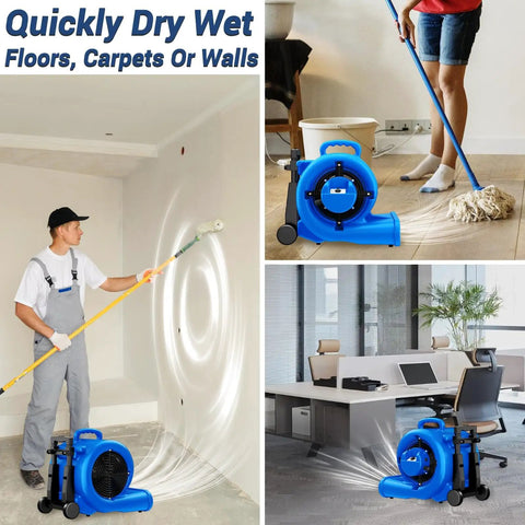 Beast 5000 CFM 1HP Air Mover Blower drying floors, carpets, and walls, showing adjustable angles and handle wheel kit in blue.