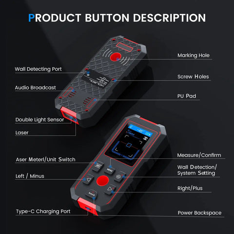 Buttons and features of Three In One Stud Finder With 196 Feet Laser Measure And Wall Scanner For Wood Metal And Live Wires.