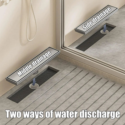 Heavy Duty Brushed Stainless Steel Linear Shower Drain With Reversible Cover And Removable Grate For Custom Tile Trim And Slick Low Profile Bath Floor Drainage showing middle and side drainage options.