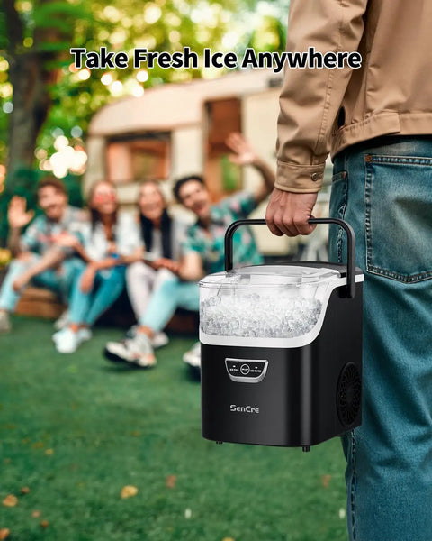 Person holding Nugget Ice Maker With Handle, 40 Lbs Per Day, Countertop Ice Maker Ready In 5 Minutes, Soft Sonic Ice outdoors.