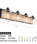 Four-Light Farmhouse Vanity Light Over Mirror With Bubble Glass Shades, Rustic Gray Wood-Look Metal Backplate, 31.5 Inch Sconce