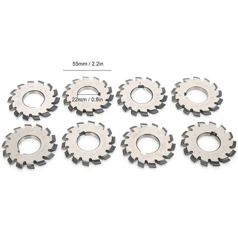 Gear Cutter Set For Milling Machines, 8 Piece Pro Grade Beefy High Speed Steel Involute Gear Milling Tools, 14.5 Degree, 55mm And 22mm Shank Options, Durable Cutters For Precision Gear Work.