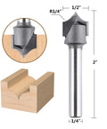Quarter Inch Shank Roundover Router Bit With Half Inch Cutting Diameter And Quarter Inch Radius Carbide Two Flute Bead Roundover Bit For CNC Woodworking And Carving Pro Grade DIY, side view showing half inch cutting diameter and quarter inch radius with wood cut example.