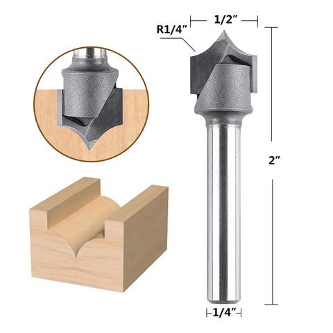 Quarter Inch Shank Roundover Router Bit With Half Inch Cutting Diameter And Quarter Inch Radius Carbide Two Flute Bead Roundover Bit For CNC Woodworking And Carving Pro Grade DIY, side view showing half inch cutting diameter and quarter inch radius with wood cut example.