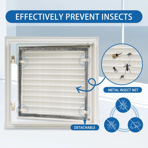 Drywall access panel with vent and push-button switch, white aluminum, metal insect net, 12x12 inner opening