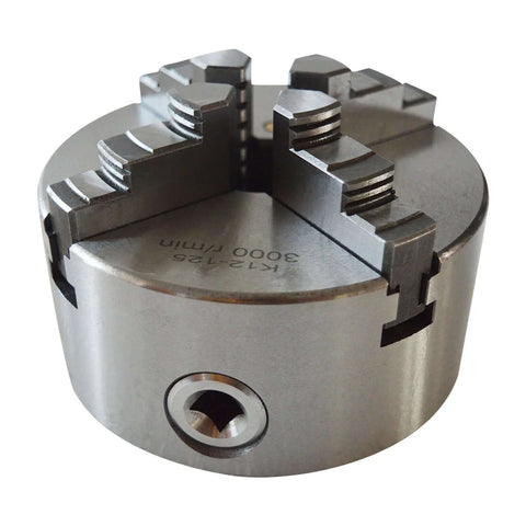 Front view of a 125mm metal four-jaw lathe chuck with adjustable jaws for CNC lathe