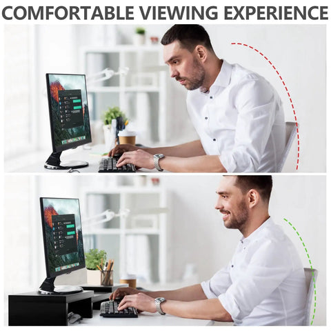 Comparison of man at desk using Dual Monitor Stand Riser For Desk Setup With 3 Shelf Adjustable Length And Tilt Extra Long Multifunctional Wood Stand Fits Computer Laptop TV Up To 43 Inches Black.