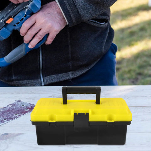 Rock Solid Plastic Toolbox Organizer With Heavy Duty Carry Handle And Secure Snap Buckle Closure For Mechanics Workshop hardware tool storage on a work table.