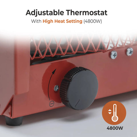 Close-up of thermostat control on Heavy Duty 4,800W Fan Forced Space Heater For Garage And Workshop Industrial Grade Steel Construction.