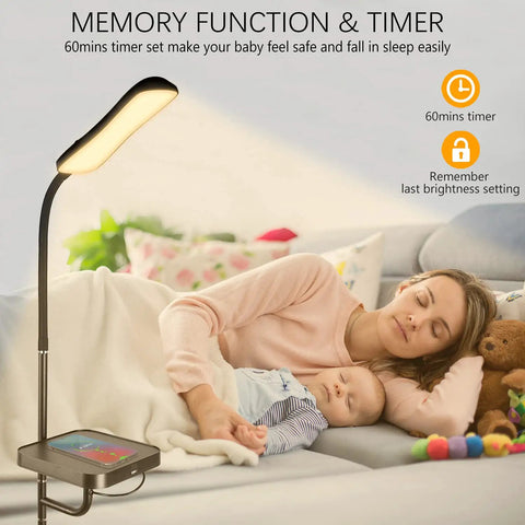 Smart LED Floor Lamp With Wireless Charger near sleeping woman and child, showcasing adjustable brightness and modern design.