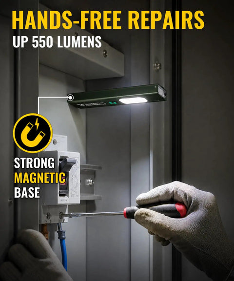Flat EDC Rechargeable Pocket Light With Clip On Magnetic Base illuminating circuit panel during hands-free repair