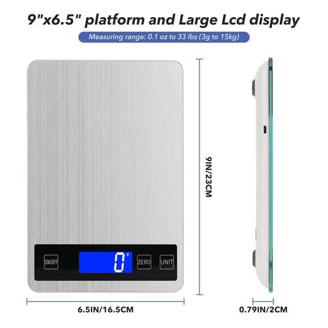 33Lb Kitchen Digital Scale With Pro Grade Precision, 1g 0.05oz, USB Rechargeable Or Battery Power, shown from top and side angles