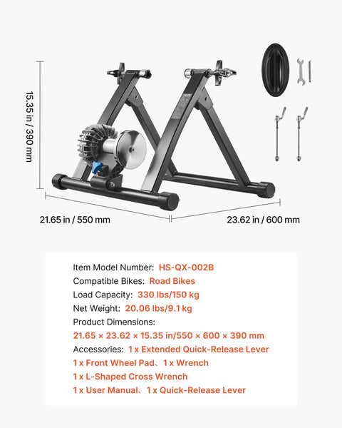 Foldable Fluid Bicycle Trainer Stand For Dope Indoor Rides With Progressive Resistance And Quiet Low Noise Operation Fits 26-29 Inch And 700C Wheels Includes Quick Release Skewer And Front Wheel Riser Block For Road Bikes, showing dimensions and accessories.