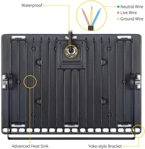 JUDYSSY Flood Light Led Security Light Ip65 Waterproof Spotlight 8000Lm Outdoor back view showcasing wiring and heat sink design.