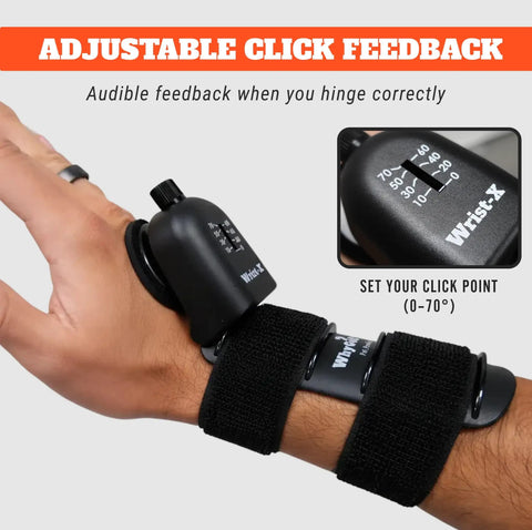 Close-up of Wrist-X Golf Swing Training Aid with audible click feedback on wrist, 0-70 degrees adjustable hinge.
