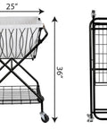 Verona Collapsible Laundry Cart With Removable Canvas Basket Large Black Heavy Duty Steel Construction Foldable Laundry Hauler, dimensions shown