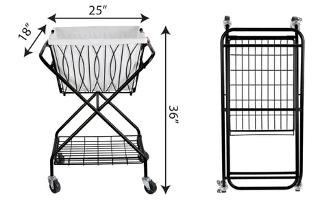 Verona Collapsible Laundry Cart With Removable Canvas Basket Large Black Heavy Duty Steel Construction Foldable Laundry Hauler, dimensions shown