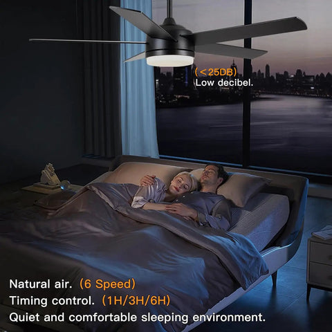 52 Inch Black Ceiling Fan With Light And Remote, Ultra Quiet DC Motor, Dimmable 3CCT LED, Energy Saving, in bedroom setting