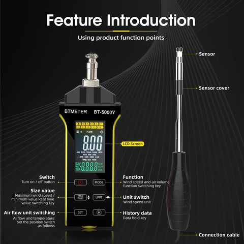 3 In 1 High Precision Digital Hot Wire Anemometer For Air Velocity And Air Flow With CFM CMM Readouts, 0.2 To 67 MPH Range, Temperature 32 To 113 F, Pro Grade Speed And Volume Diagnostics. black handheld BT-5000Y meter with sensor and LCD screen