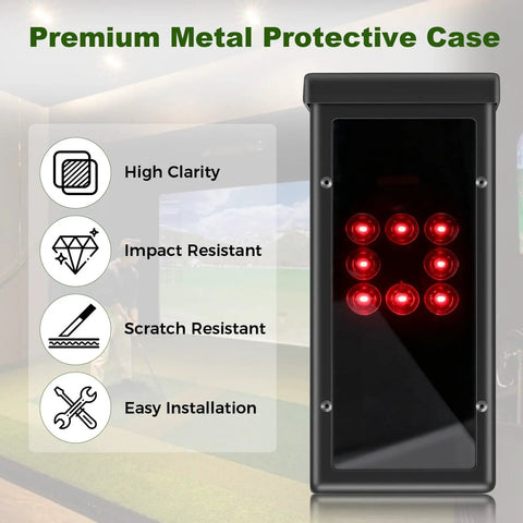 Premium metal shield case with clear acrylic panel for Square Golf Launch Monitor, showcasing red LED lights, indoor use.