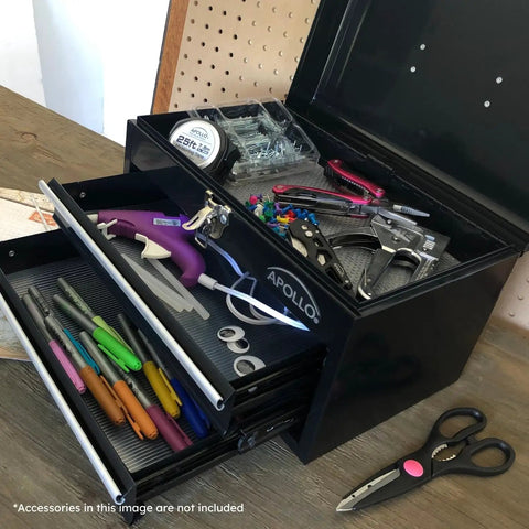 14 Inch Steel Tool Box with Deep Top Compartment and Two Drawers heavy duty steel construction with ball bearing opening