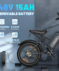 Fat Tire Electric Mountain Bike All Terrain E Bike With 1500W Peak Motor, 28 MPH Top Speed, showing 48V 15Ah battery charging