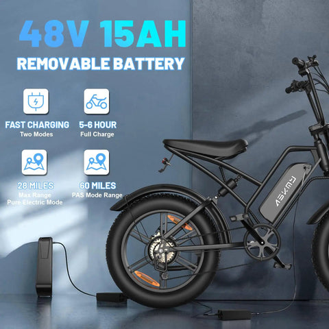 Fat Tire Electric Mountain Bike All Terrain E Bike With 1500W Peak Motor, 28 MPH Top Speed, showing 48V 15Ah battery charging