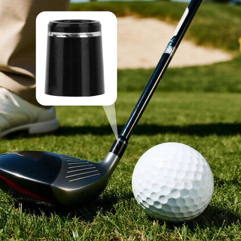 12 Pack Black Golf Iron Ferrules With Single Silver Ring For 0.335 Inch Shafts Replacement Durable Plastic Club Ferrules close-up on grass
