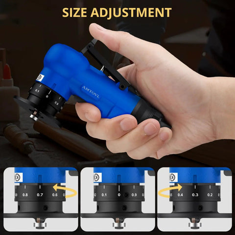Hand holding Dual Blade Pneumatic Chamfering Tool For Metal And Wood With 30,000 RPM 45 Degree Chamfer 10 C Angle And 10 R Angle Blades