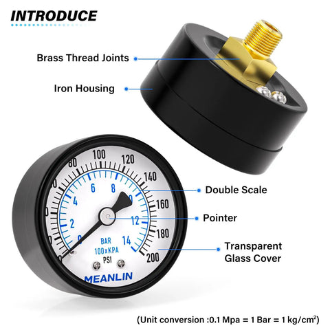Image showing Well Pump Pressure Gauge 0 to 200 Psi With 2 Inch Dial Face Center Back Mount One Eighth Npt.