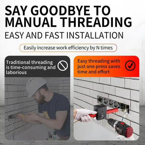 Comparison of traditional threading and Wall Wiring Machine For Easy Cable Threading And Hidden Pipe Runs Automatic Wire Puller Tool. The left image shows a man manually threading cables, while the right image shows the automatic tool in use.