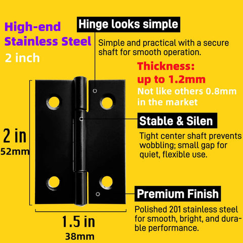 Front view of a 2-inch black stainless steel butt hinge with four screw holes.