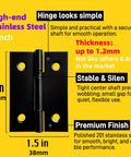 Close-up of 2-inch stainless steel mini hinge with heavy duty black finish and text details for DIY wood boxes and furniture projects.