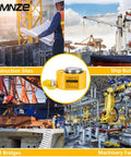 MMNZE 5T hydraulic jack center close-up; yellow compact portapower with metal top among construction, shipbuilding, and factory scenes
