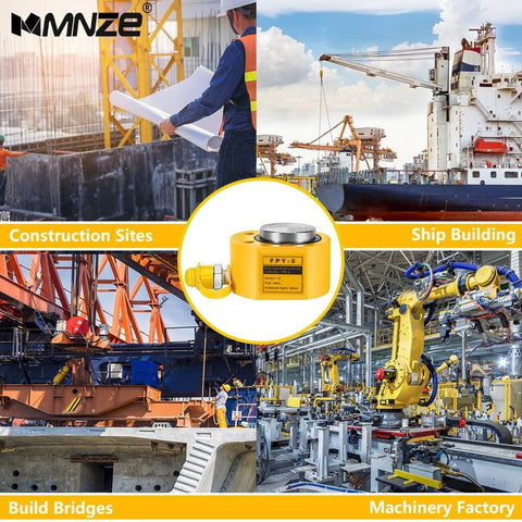 MMNZE 5T hydraulic jack center close-up; yellow compact portapower with metal top among construction, shipbuilding, and factory scenes
