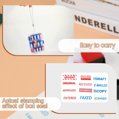 Top Notch Self Inking Stamp Set Boasts A Knockout 12 Pack Of Red And Blue Rubber Stamps in a compact carrying case.