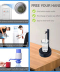 Comparison showing Electric Water Bottle Dispenser With USB Charging vs traditional pumps, hands-free flow on a desk.