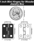 50 Pairs Small Hinges Set For DIY Projects, size comparison with coin, zinc alloy hardware for jewelry boxes and crafts