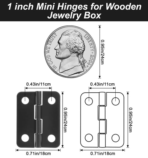50 Pairs Small Hinges Set For DIY Projects, size comparison with coin, zinc alloy hardware for jewelry boxes and crafts
