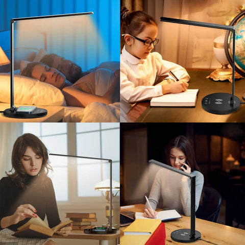 LED Desk Lamp With Wireless Charger And USB Port, 5 Color Modes And 5 Brightness Levels in various user settings, black