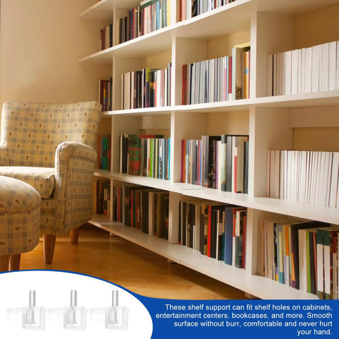 Bookshelf with books supported by 20 Piece Plastic Cabinet Shelf Pegs 3mm Smooth Surface Pins For Glass And Wood Shelves display