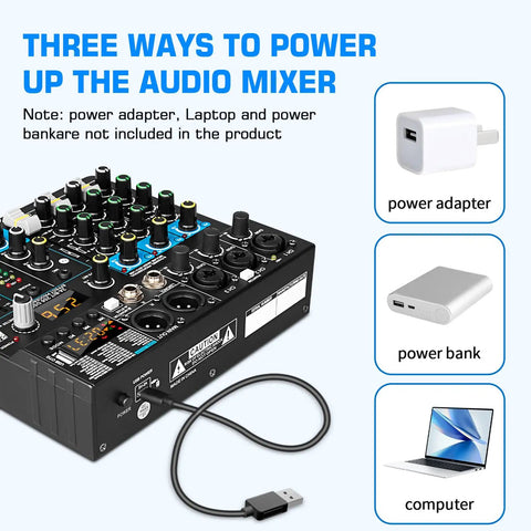 Five Channel DJ Mixer With 256 DSP Effects And USB Bluetooth MP3 Playback, 48V Phantom Power, USB power options display