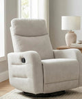 360 Degree Swivel Glider Rocker Recliner Chair With Side Pull Handle, Manual Recline in Beige, fabric upholstered