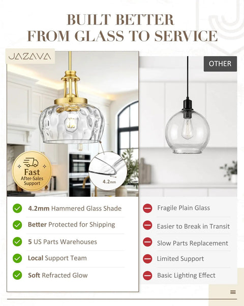 JAZAVA 10-Inch Brushed Gold Pendant Light, Modern Farmhouse Hanging Fixture with Ribbed Glass Shade displayed in kitchen.