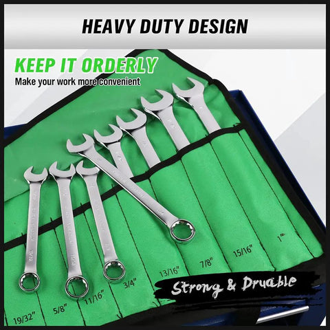 Pro Grade 32-Piece Combination Wrench Set SAE And Metric in green rolling pouch for auto and industrial use