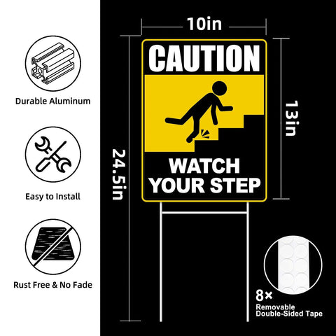 Watch Your Step Sign 12 By 9 Inch Double Sided Caution Sign Two Pack With Durable H Metal Stakes And Eight Double Sided Tapes For Outdoor Use High Visibility Warning For Walkways And Hazards in black and yellow with step icon and size details.