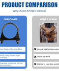 Product comparison showing Two Piece 3 Inch Ubolt Exhaust Clamps Kit beefy heavy duty stainless steel versus rusted clamp